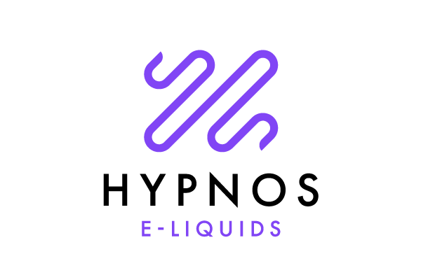Logotipo de Hypnos E-Liquids con una marca abstracta morada y texto negro y morado sobre fondo blanco.