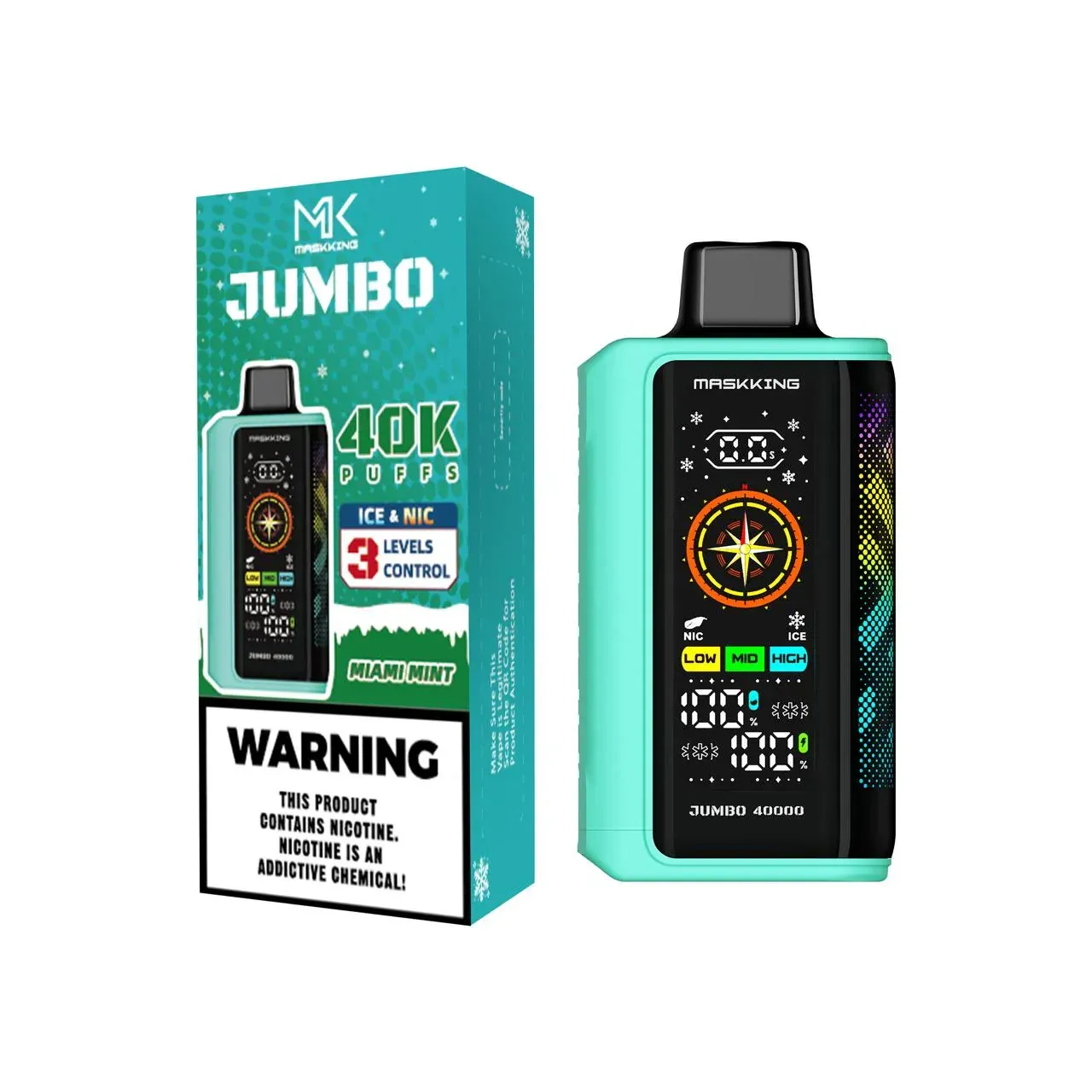 Dispositivo de vapeo negro y naranja con pantalla digital y patrón geométrico colorido en el lateral.
