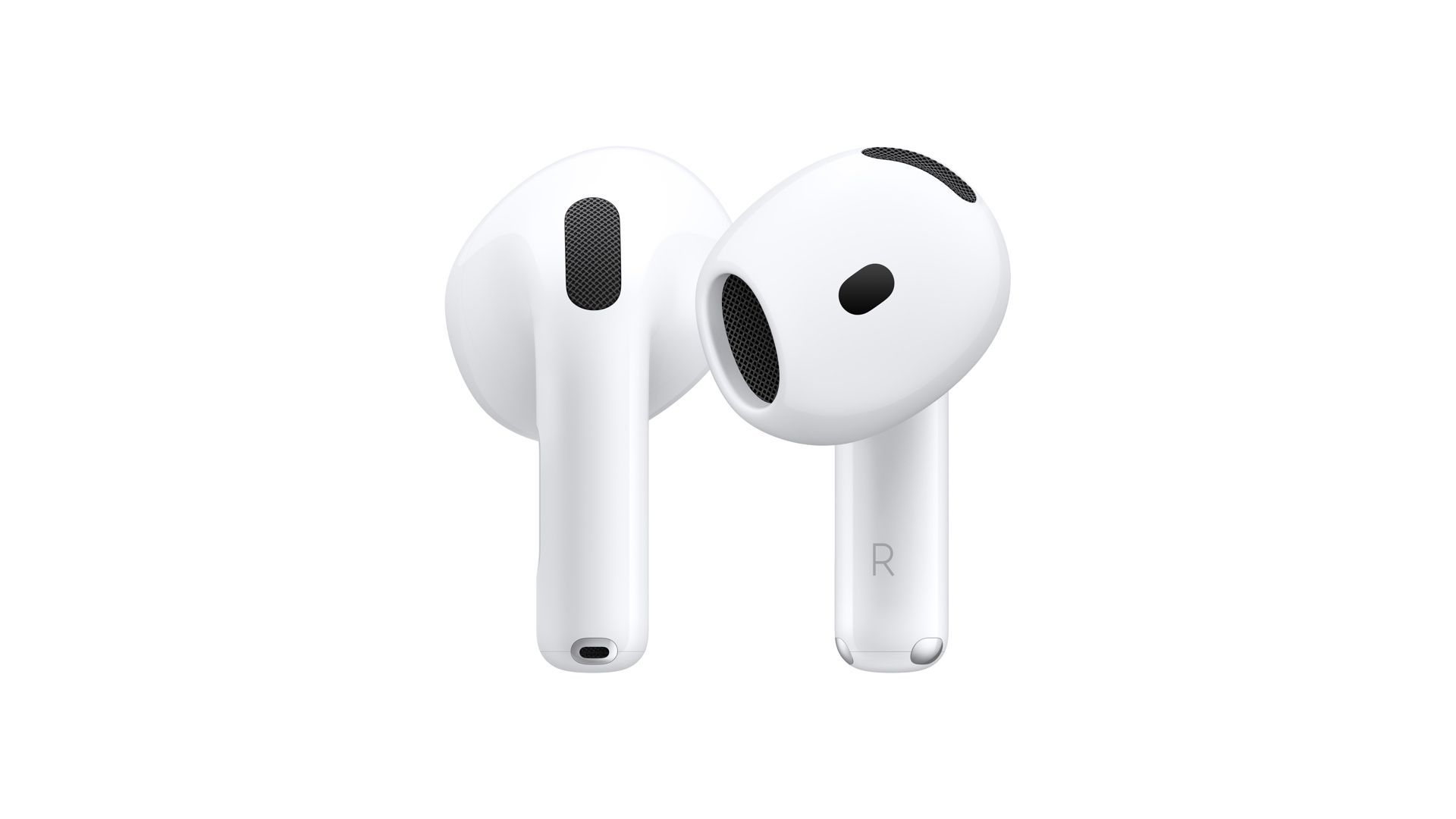 Auriculares inalámbricos blancos en un estuche de carga abierto sobre un fondo liso.