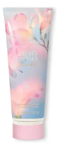 Bruma corporal Velvet Petals Bliss de Victoria's Secret en color rosa y azul con tapón plateado.