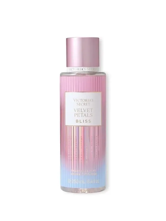 Bruma corporal Velvet Petals Bliss de Victoria's Secret en color rosa y azul con tapón plateado.