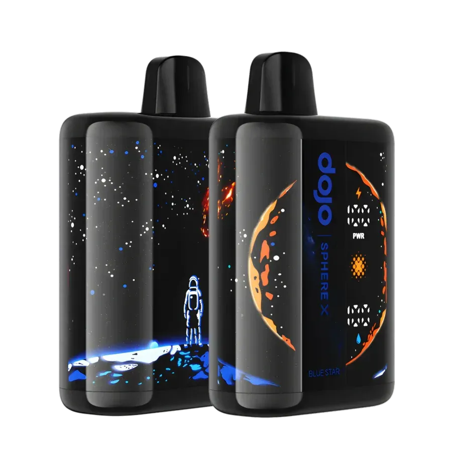 Tres dispositivos de vapeo SHREEX negros con gráficos circulares de color azul neón y naranja sobre fondo blanco.