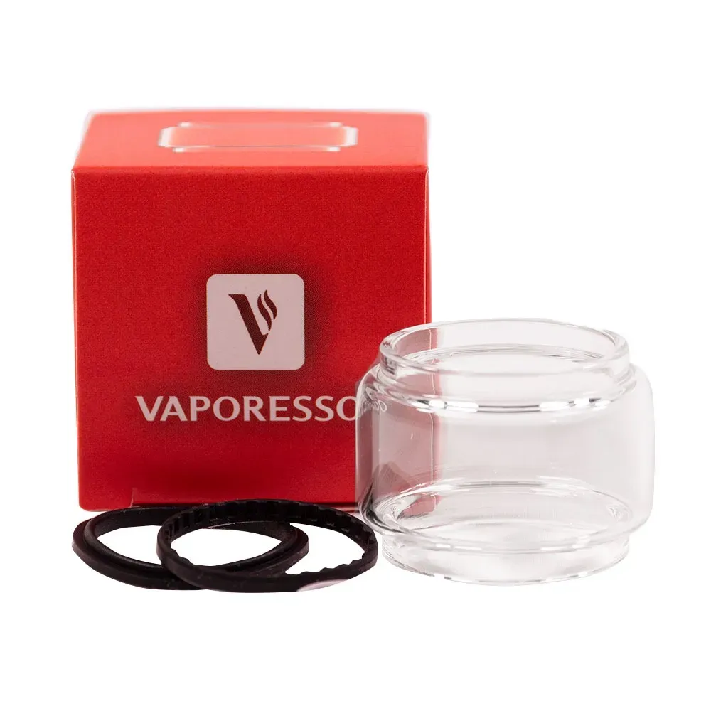 Caja roja de Vaporesso con tanque de vidrio transparente y juntas tóricas negras sobre fondo blanco.