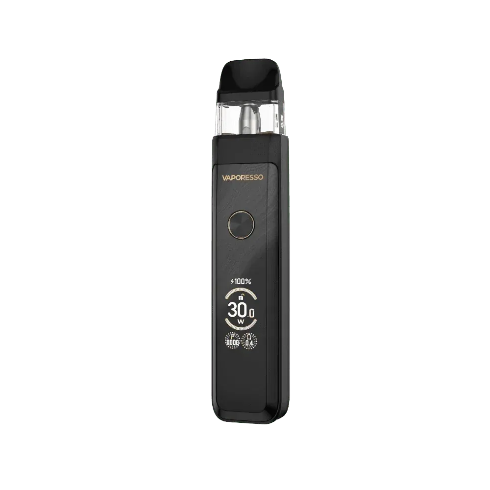 Dispositivo de vapeo Black Vuse con un pequeño botón circular y pantalla 