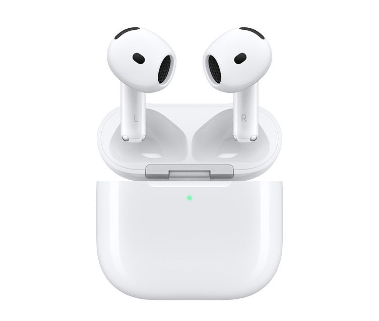 Auriculares inalámbricos blancos en un estuche de carga abierto sobre un fondo liso.