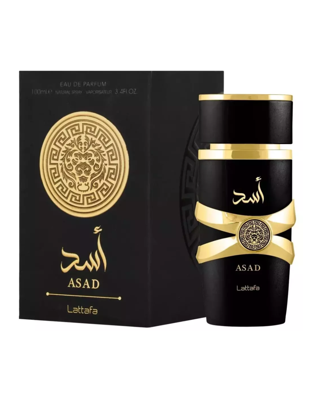 Caja y frasco de perfume Asad Lattafa en negro y dorado con emblema dorado y letras árabes.