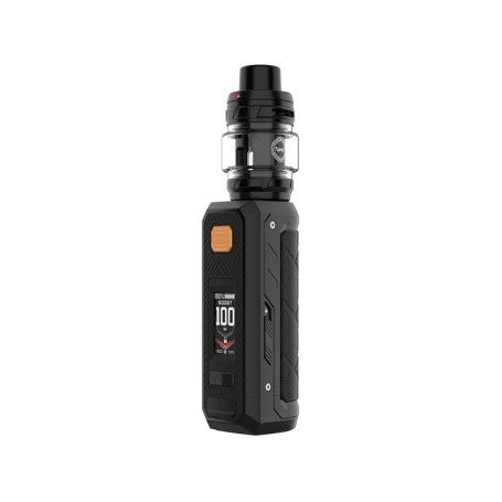Mod de vapeo negro con tanque transparente y pantalla digital sobre fondo blanco.