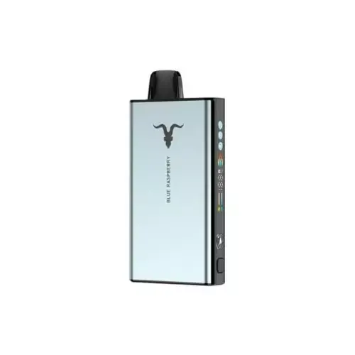 Dispositivo de vapeo plateado con boquilla negra y botones laterales sobre fondo blanco.