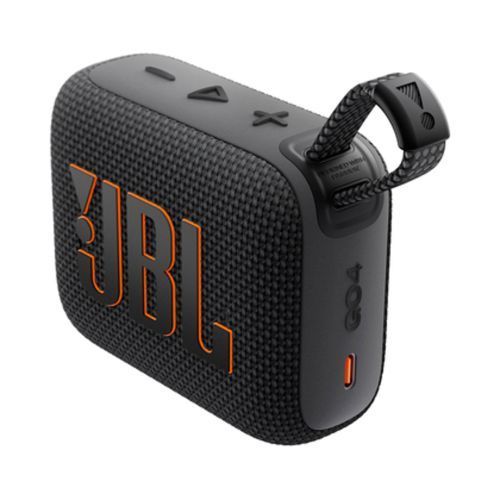 Caja de altavoz Bluetooth portátil JBL Go 4 en embalaje naranja y blanco.