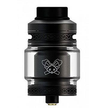 Tanque de vapeo negro y plateado con logotipo de conejo grabado, centrado sobre fondo blanco.