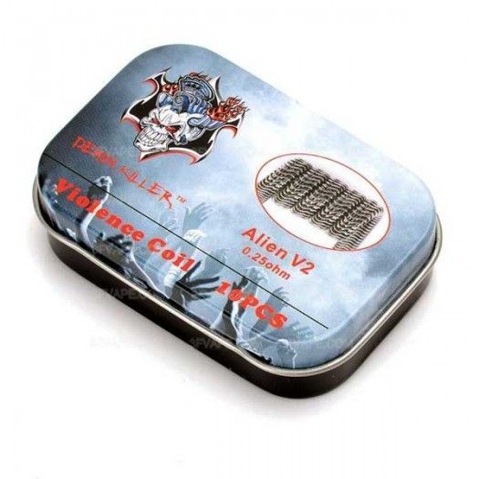 Lata rectangular de metal azul con la etiqueta “Alien V2”, con un gráfico de una calavera y texto rojo, mostrada en ángulo.