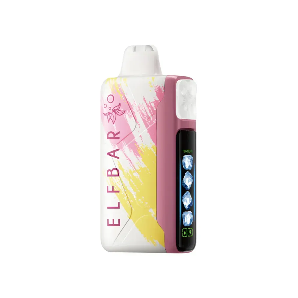 Dispositivo de vapeo ELFBAR blanco y rosa con pantalla y diseño geométrico colorido.