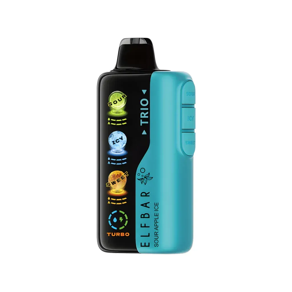 Cuatro coloridos dispositivos de vapeo ELFBAR TRIO en negro, rojo, verde azulado y morado.