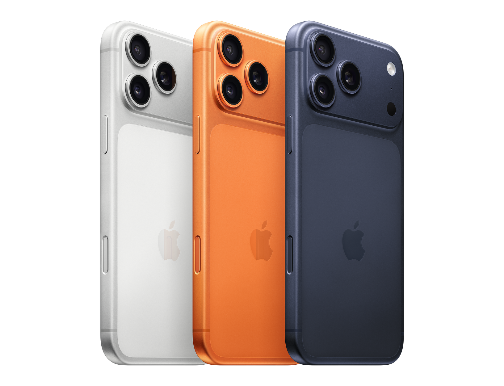 IPhone naranja con triple cámara, mostrado de frente y de atrás sobre un fondo oscuro.