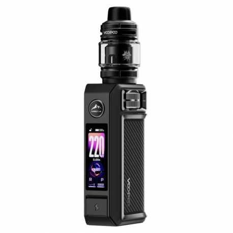 Mod de vapeo negro con tanque, pantalla digital y panel lateral texturizado sobre fondo blanco.