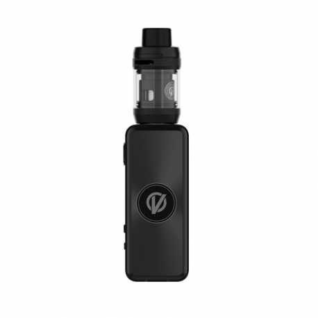 Mod de vapeo negro con atomizador de tanque, que muestra una pequeña pantalla digital sobre un fondo blanco.