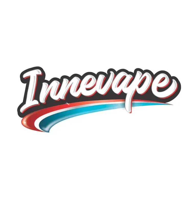 Logotipo estilizado de “Innevape” en blanco, negro, rojo y verde azulado con un swoosh debajo.