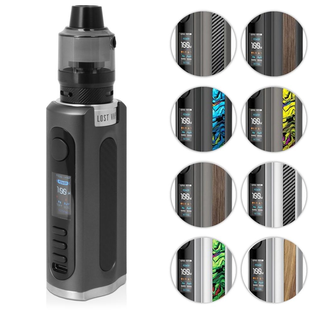 Mod de vapeo negro y plateado con tanque, mostrado sobre un fondo blanco.