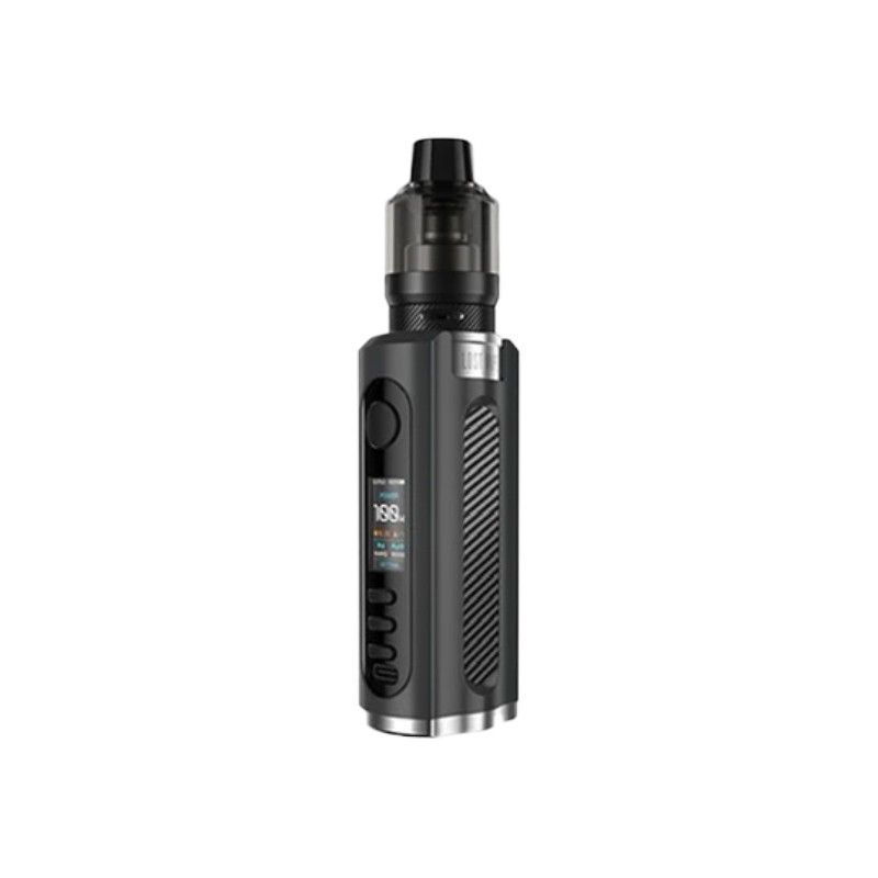 Mod de vapeo negro y plateado con tanque, mostrado sobre un fondo blanco.