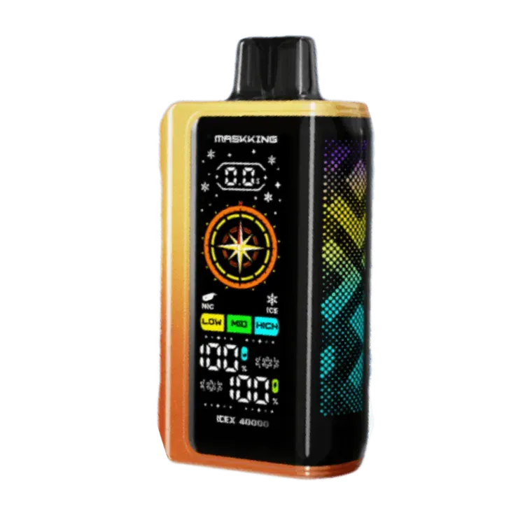 Dispositivo de vapeo negro y naranja con pantalla digital y patrón geométrico colorido en el lateral.