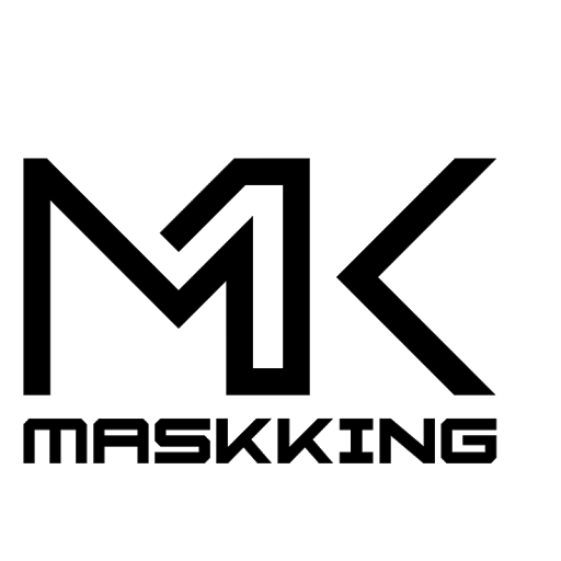 Logotipo negro de MK sobre la palabra “MASKKING” sobre un fondo blanco.