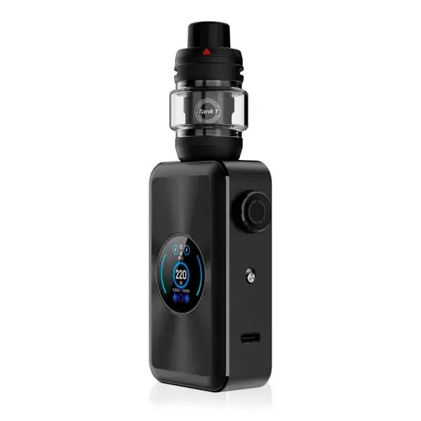 Mod de vapeo negro con tanque y pequeña pantalla redonda sobre fondo blanco.