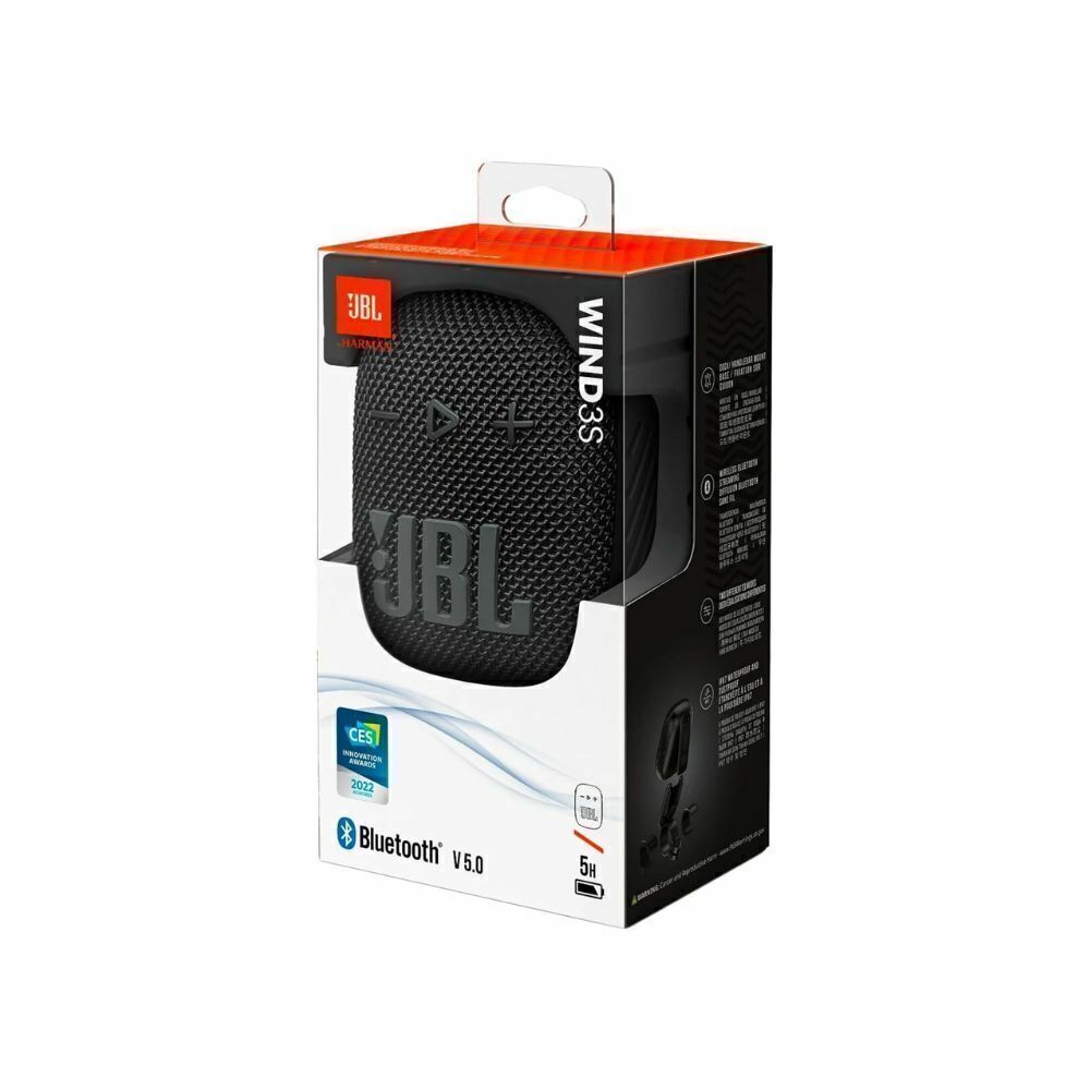 Altavoz portátil Bluetooth JBL Wind 3 en embalaje de venta al público en color negro y naranja.