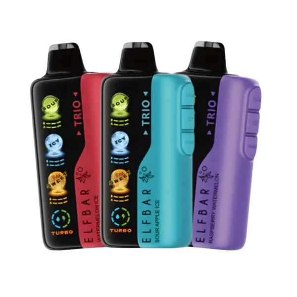 Cuatro coloridos dispositivos de vapeo ELFBAR TRIO en negro, rojo, verde azulado y morado.