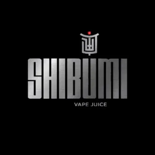 Logotipo de líquido para vapear SHIBUMI en color plateado sobre fondo negro, con un pequeño detalle rojo encima del texto.