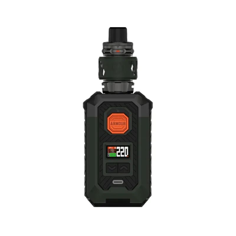 Dispositivo de vapeo negro con tanque verde y pequeña pantalla digital que muestra 220