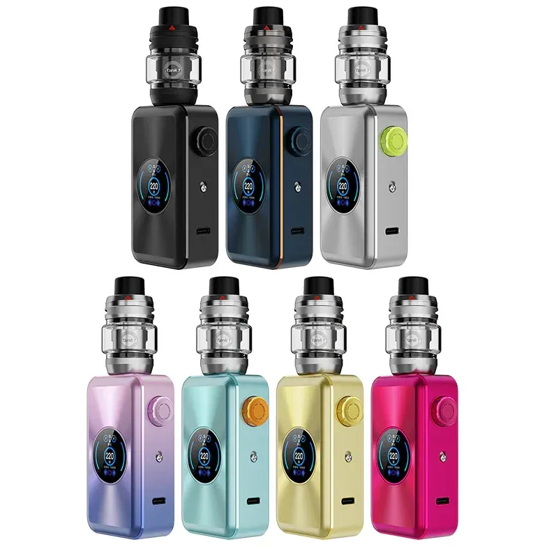 Mod de vapeo negro con tanque y pequeña pantalla redonda sobre fondo blanco.