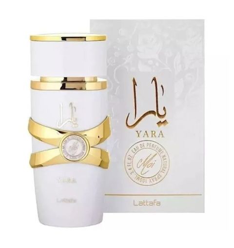 Frasco de perfume Lattafa Yara blanco y dorado con caja a juego, vista frontal.