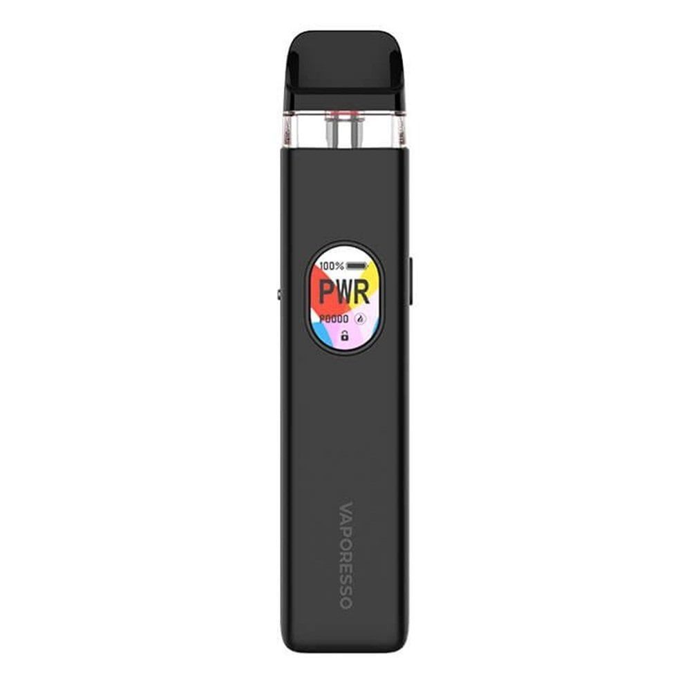 Dispositivo de vapeo negro con el logotipo circular de PVR a color en la parte frontal.