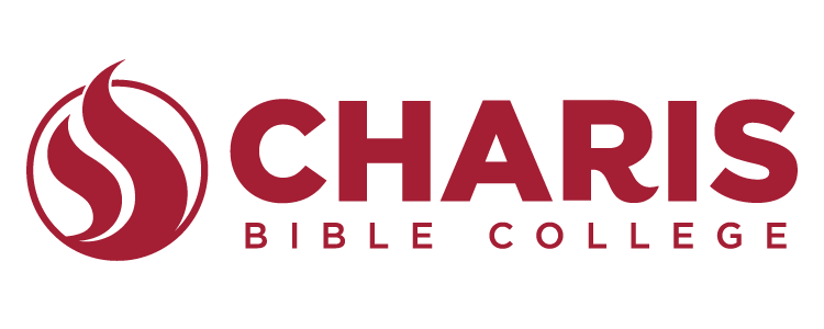 Charis Bible College logo with a maroon flame and text.