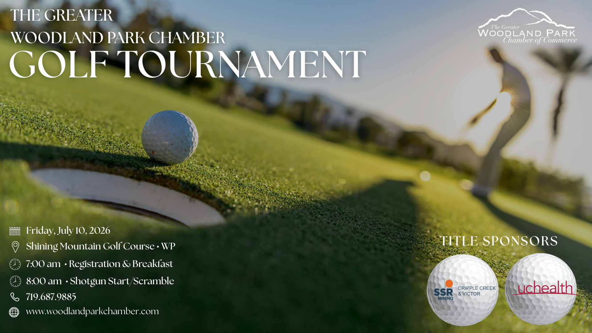 Green golf tournament flyer: July 11, 2025, at Shining Mountain Golf Course, Woodland Park. Golfers and sponsors are pictured.