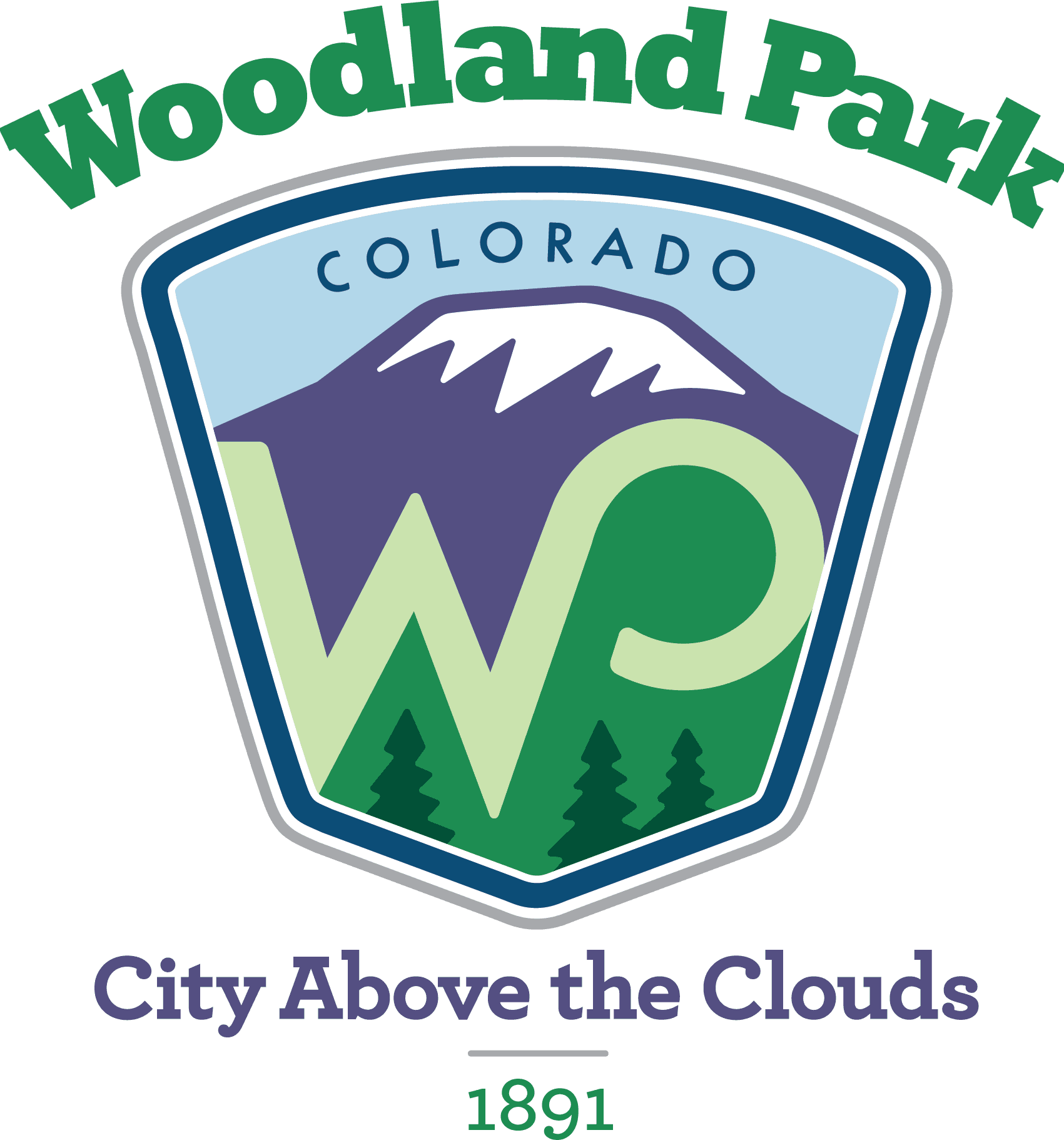 Woodland Park, Colorado logo: mountain scene with green 
