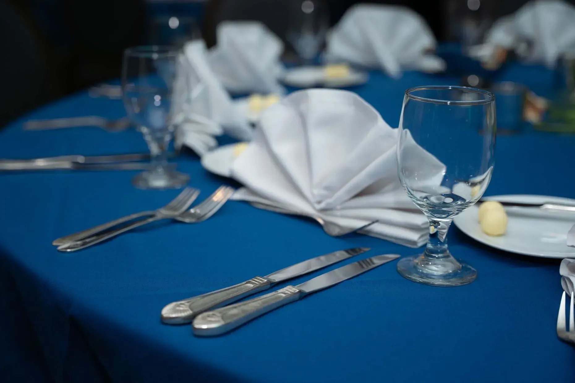 Blue-covered table set for a formal dinner: white napkins, glasses, silverware, and plates.