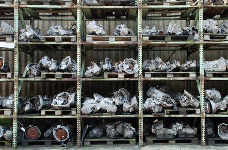 Shelf with used car engines for sale at a junkyard — Mayfield, KY — Hawkins Of Mayfield Inc Shelf with used car engines for sale at a junkyard — Mayfield, KY — Hawkins Of Mayfield Inc