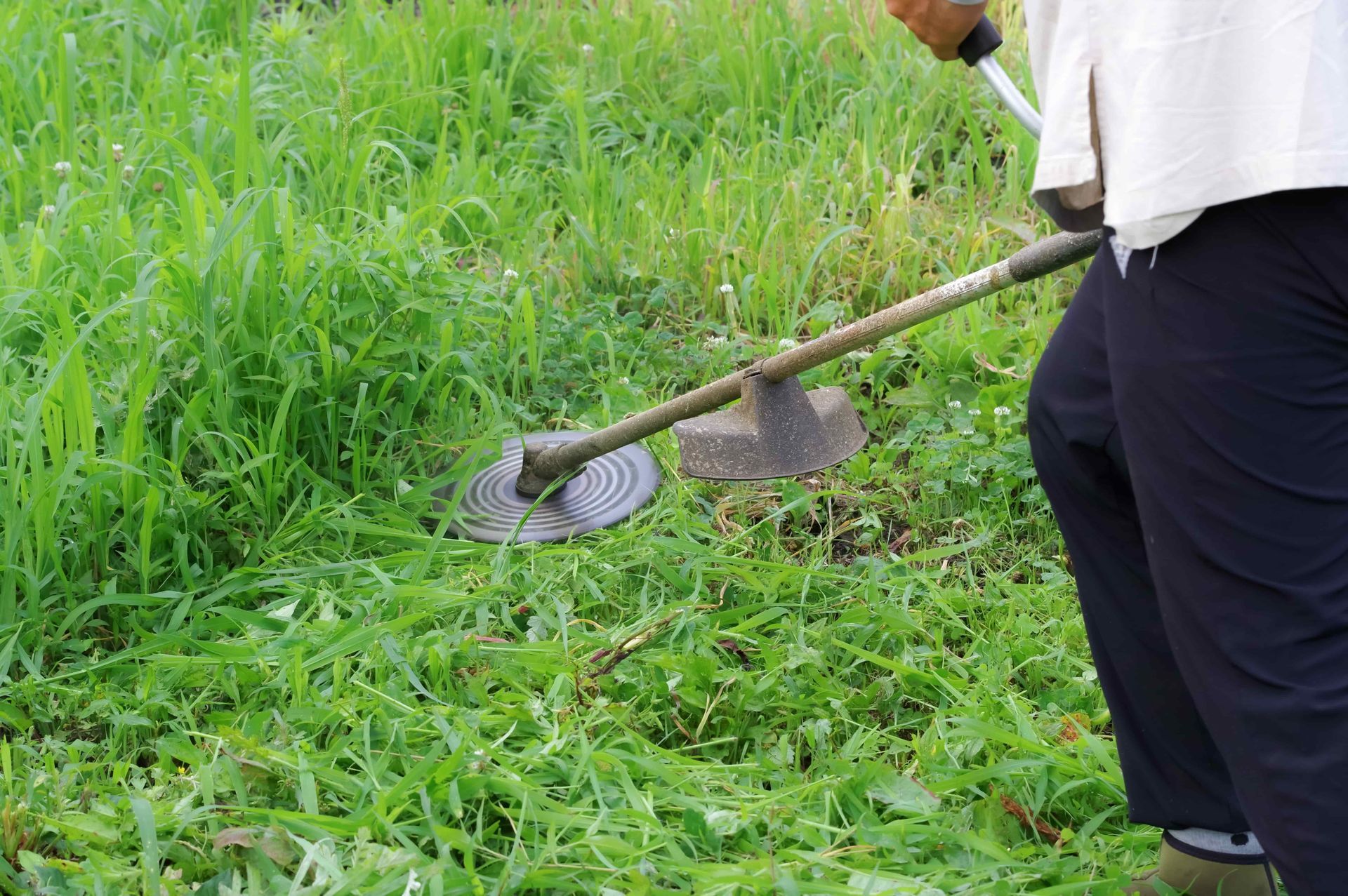 Person using a hoe to clear tall green grass in a field
