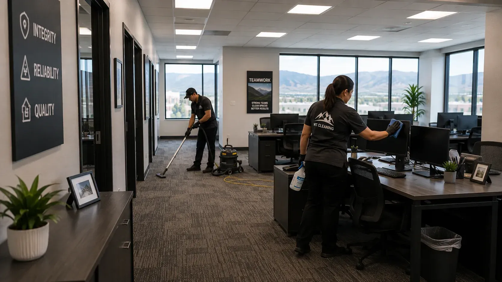 A cleaning crew vacuuming carpets and wiping desks to keep commercial offices professionally cleaned