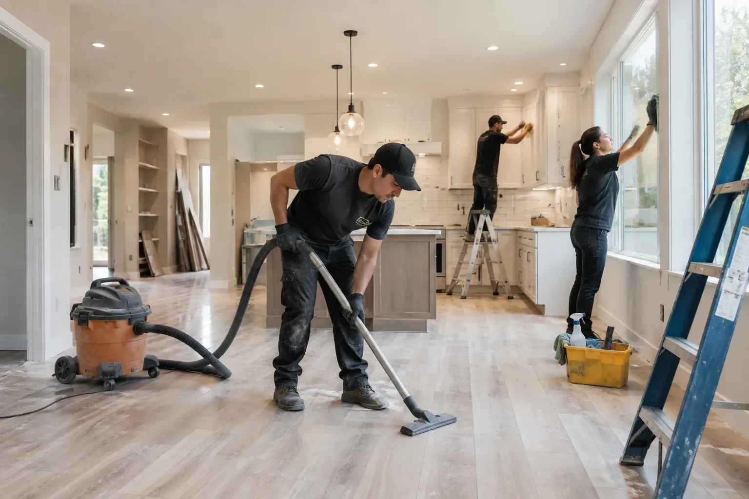 A professional cleaning crew performing post-construction cleaning in a newly built home kitchen.