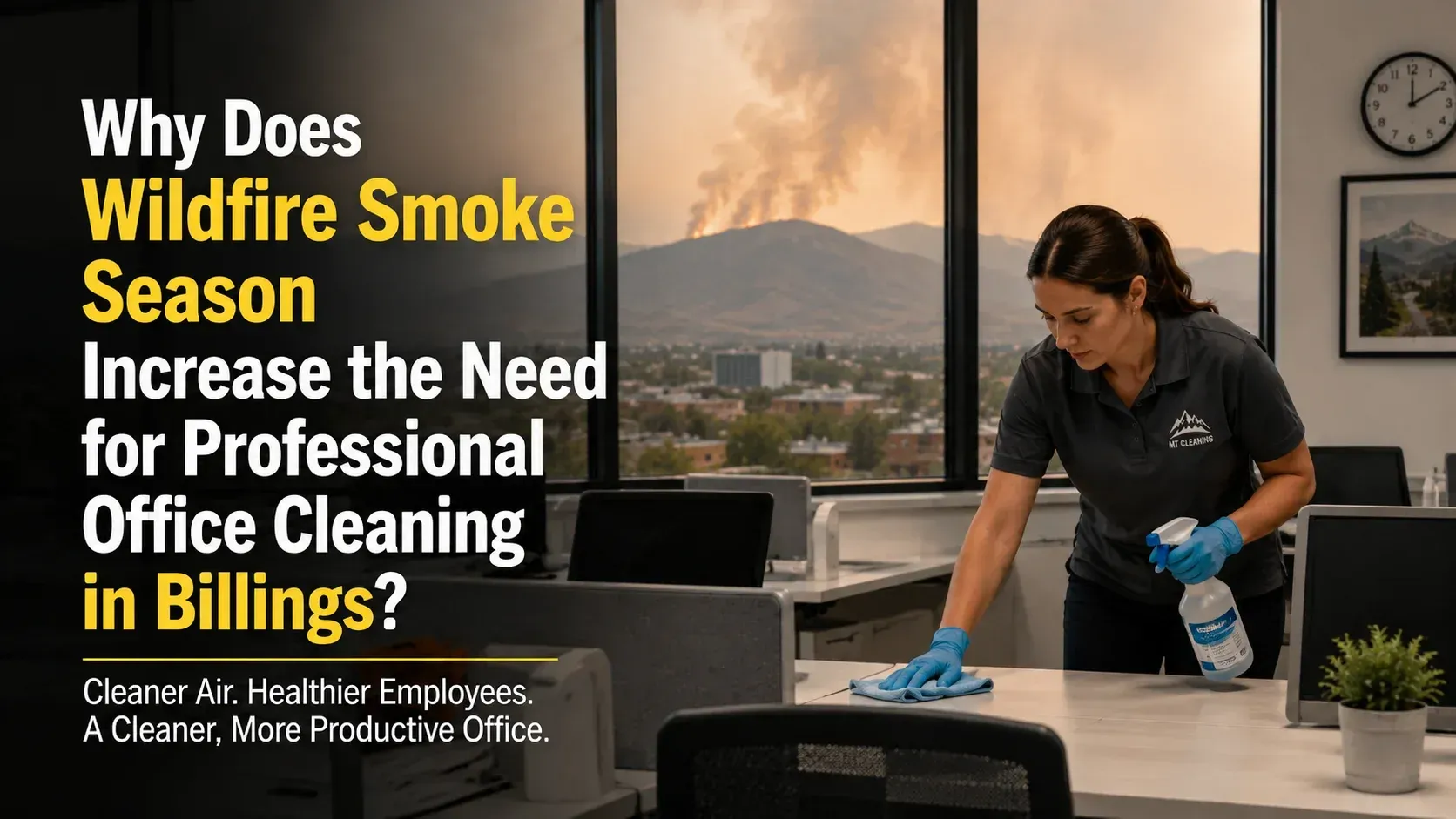 A commercial cleaner wiping down an office desk with a spray bottle and microfiber cloth, with a view through the window of heavy wildfire smoke blanketing the hills, illustrating the connection between Wildfire Smoke and Office Cleaning.