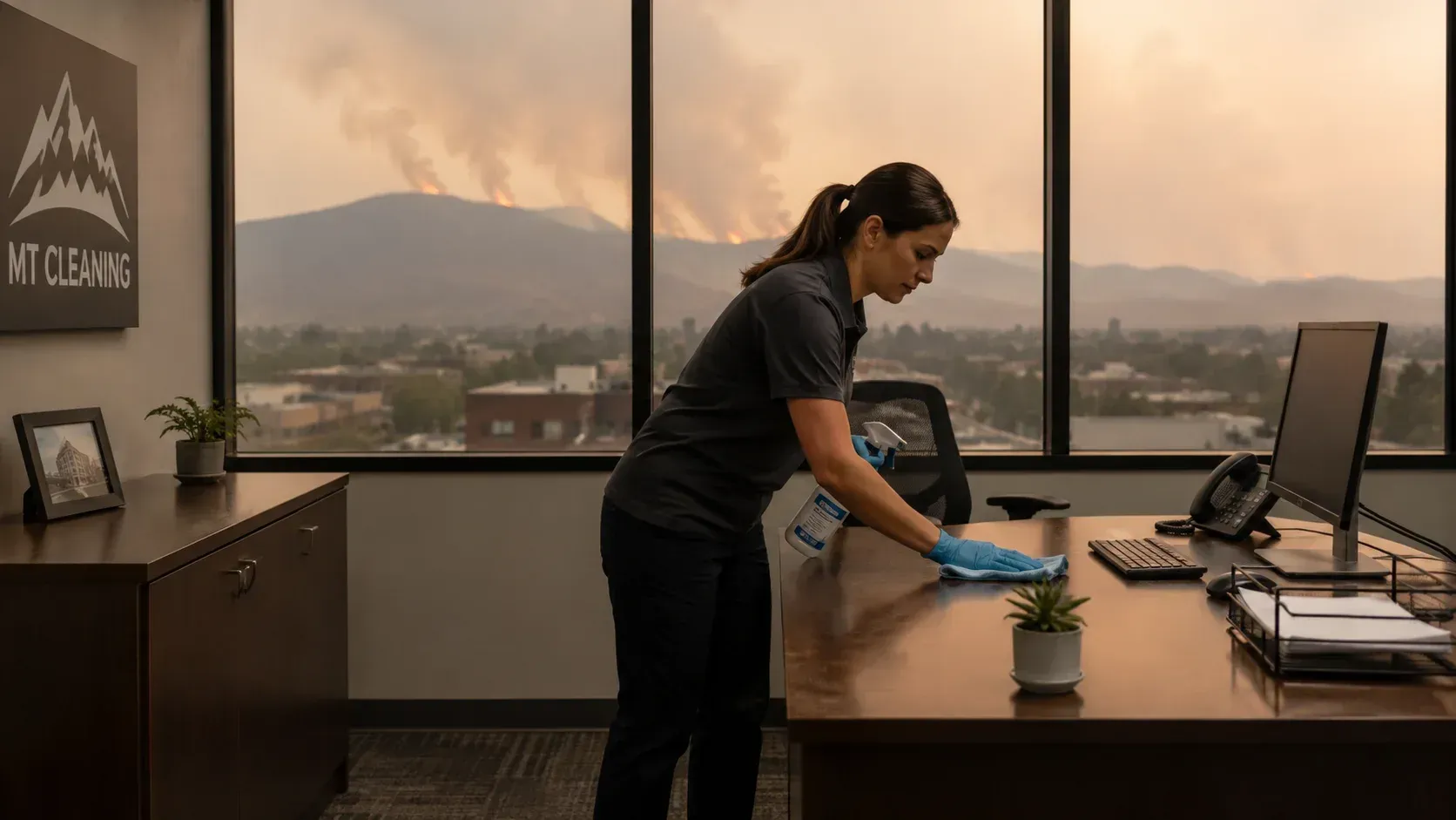 Commercial office cleaning during wildfire smoke season, featuring a cleaner wiping down a desk.