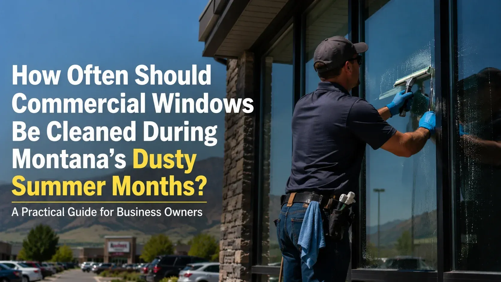 A professional cleaner washing large commercial windows with a squeegee, illustrating how often should commercial windows be cleaned during Montana's dusty summer months.