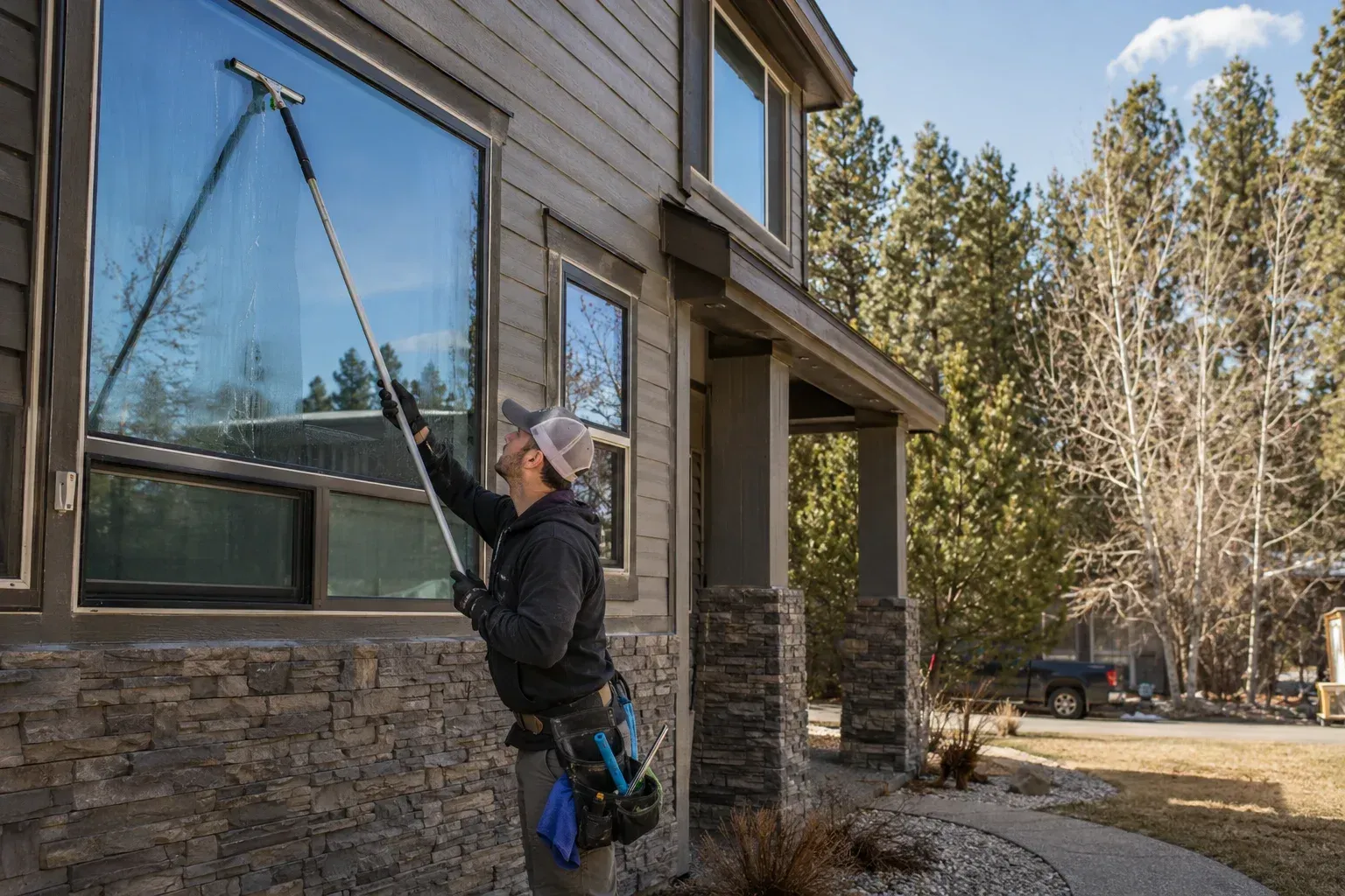 Professional window cleaning on a house, illustrating how often Lockwood, MT homes need it.