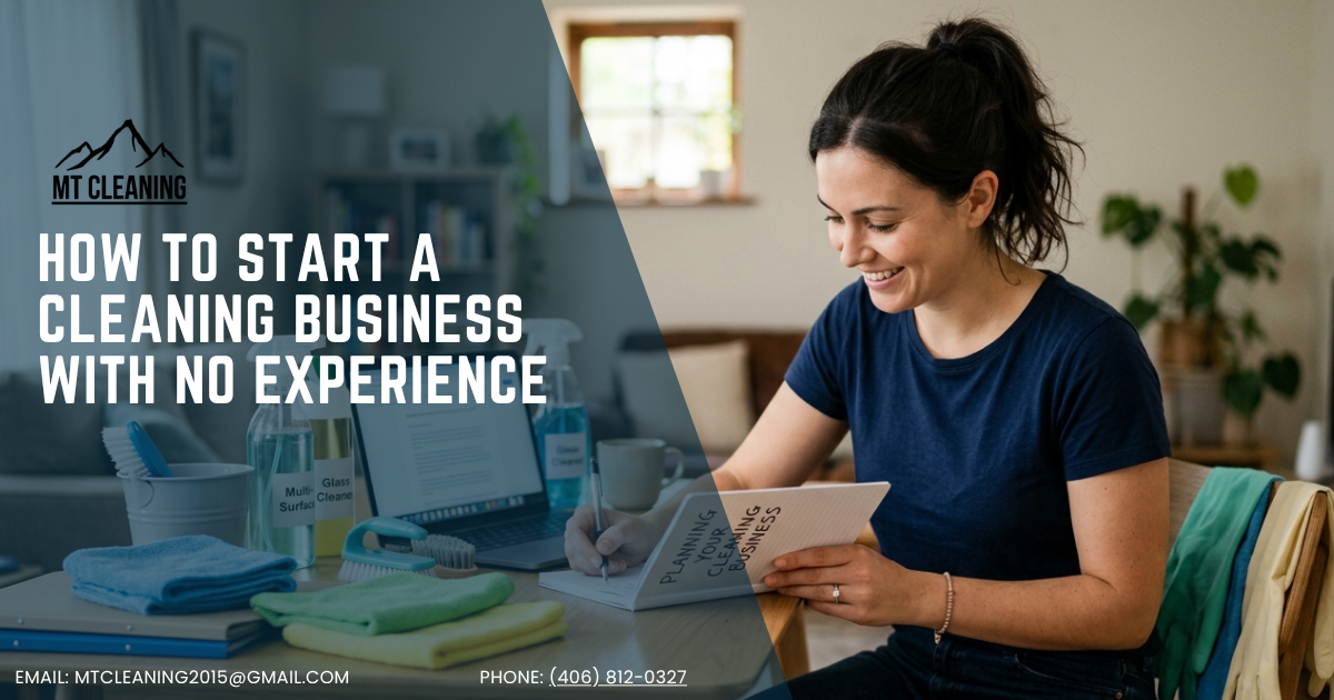 Woman at desk with laptop and notebook, text reads “How to Start a Cleaning Business with No Experience”