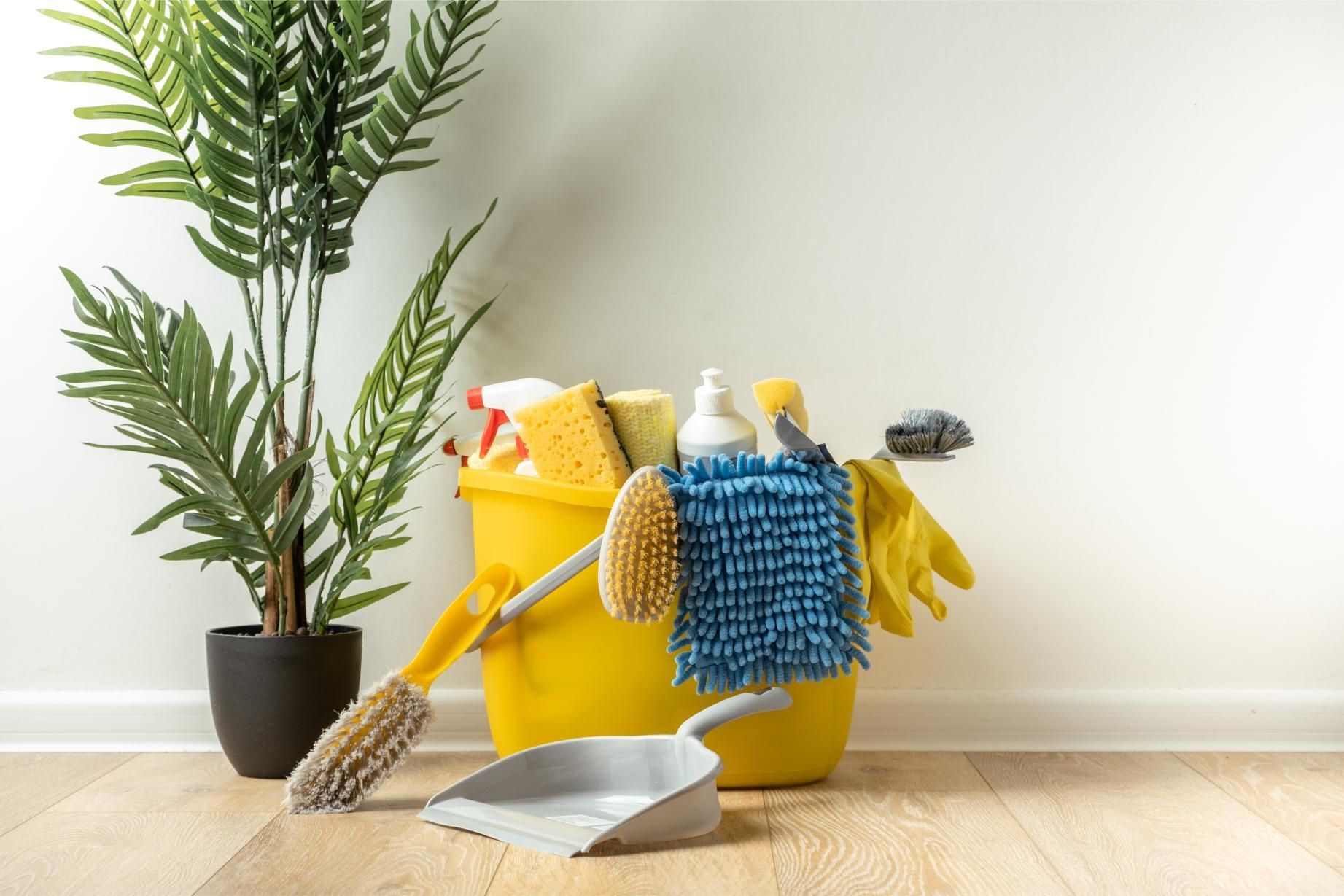Yellow bucket with cleaning supplies, a broom, a dustpan, and a potted plant in front of a white wall.