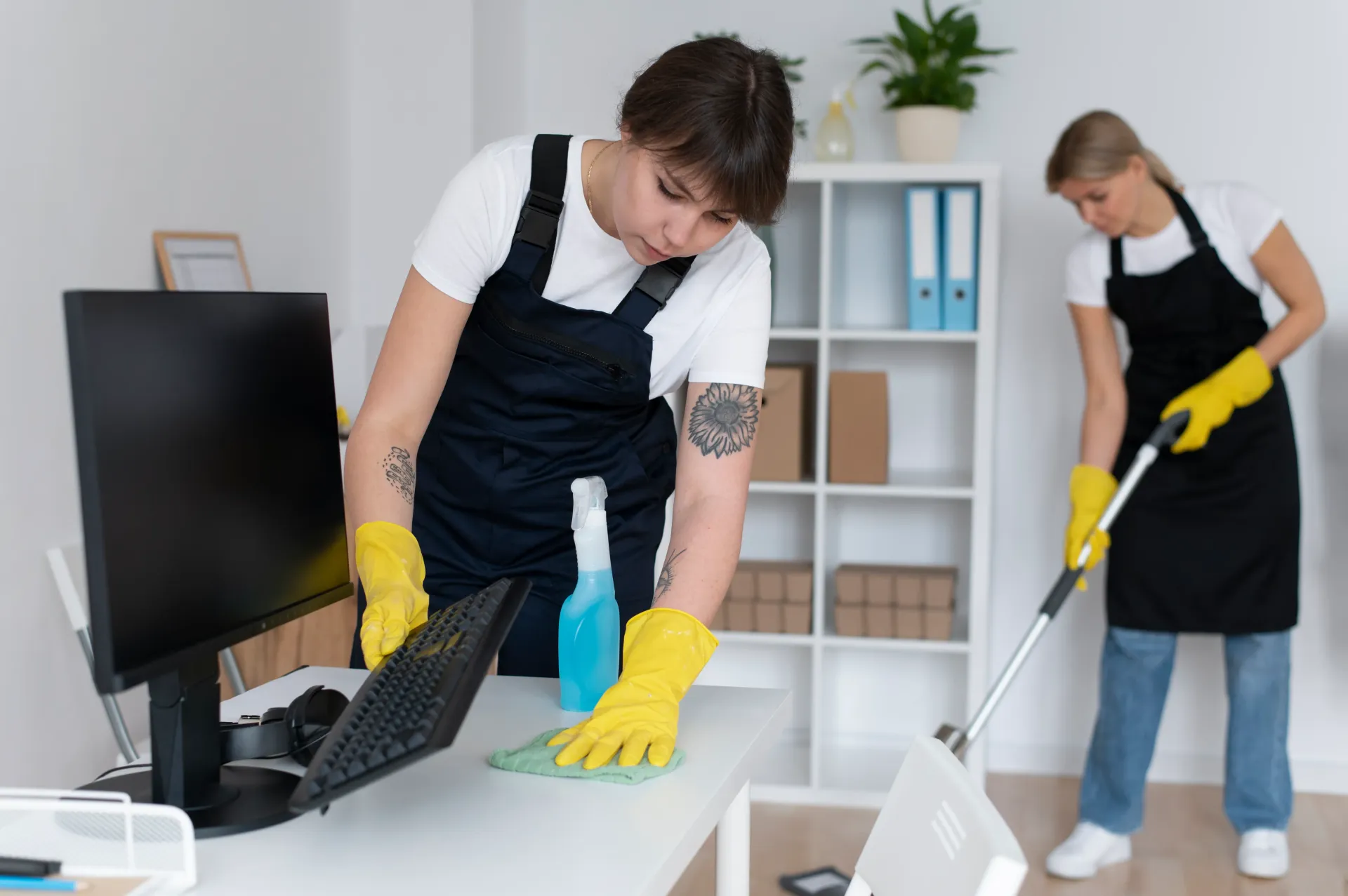 Two cleaners in aprons and yellow gloves disinfecting a modern office desk and floor