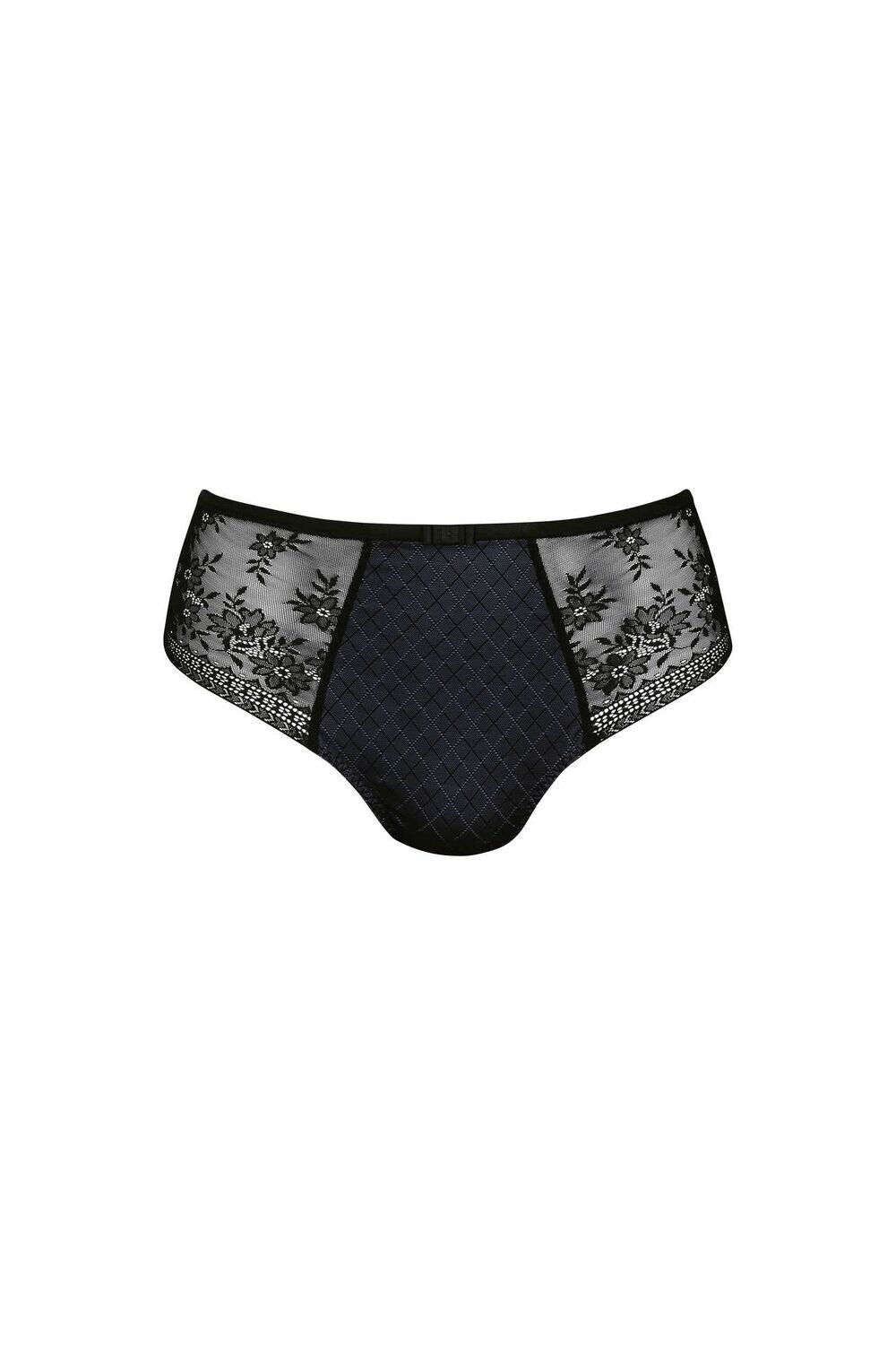 Une paire de sous-vêtements noirs avec une bordure en dentelle sur fond blanc.