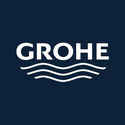 GROHE logo in white on a dark blue background, with three wavy lines beneath the name GROHE logo in white on a dark blue background, with three wavy lines beneath the name